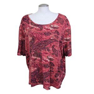 Vintage Short Sleeve Top Womens Plus 3X Rust Orange Paisley Floral Beaded Cotton